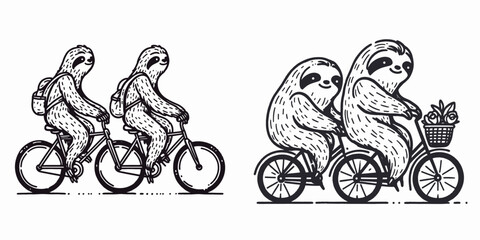 Sloth Couple riding bicycles. Cartoon animal clipart silhouette vector illustration. Slow duo cycling lazy pair pedaling adorable bicycle journey.