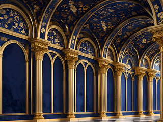 Fototapeta premium Royal floral arches with golden design on navy blue background – elegant architectural decor