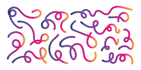 Abstract Lines with Color Gradient. Background with 3D Wave Shape Pattern. Vector Wavy Graphic Design Elements. Rainbow Dynamic Swirl and Squiggle Ribbons in eps 10.
