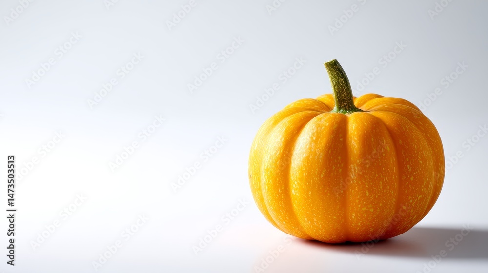 Poster single round orange pumpkin with a textured surface and shadows sits on a pure white background, mak