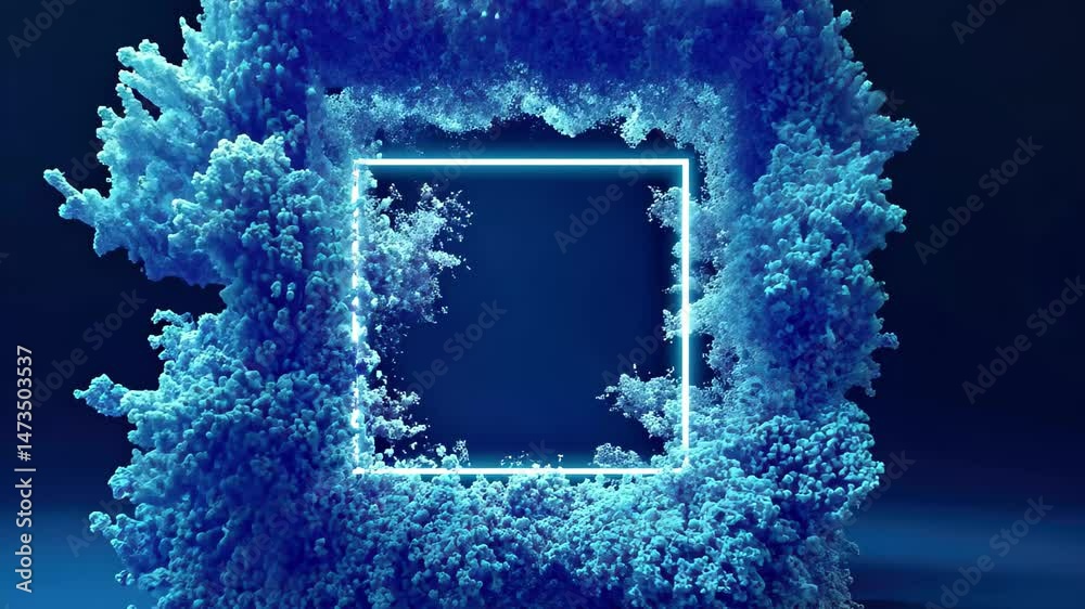 Poster Abstract blue particles form a textured structure with an empty square frame for branding, 4K abstract particles with copy or logo square frame CGI