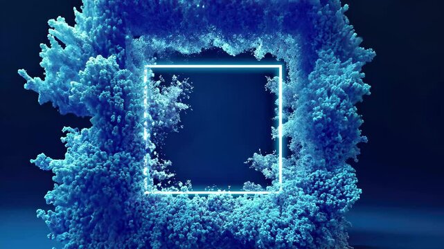 Abstract blue particles form a textured structure with an empty square frame for branding, 4K abstract particles with copy or logo square frame CGI