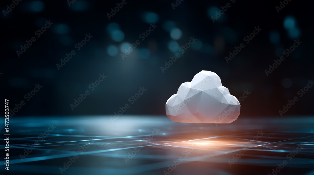 Poster a low-poly white cloud icon hovers above a digital grid, illuminated by glowing blue connection line