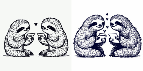 Sloth Couple exchanging handwritten letters. Cartoon animal clipart silhouette vector illustration. Amorous slow mammal pair sharing personal message using manual writing.