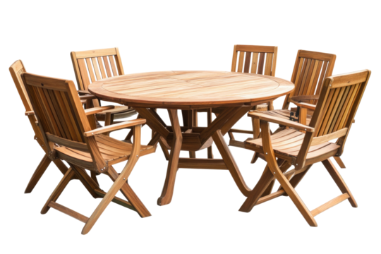 Outdoor Teak Wood Dining Set With Six chairs  isolated on a transparent background