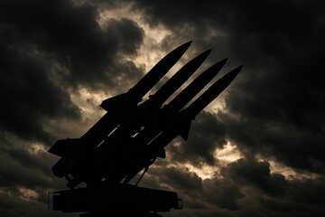 Air missile launcher silhouetted against dark sky, military defense