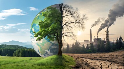 A lush green tree contrasts a barren landscape illustrating environmental damage from pollution and industrial activity showing Earth's fragile ecosystem.