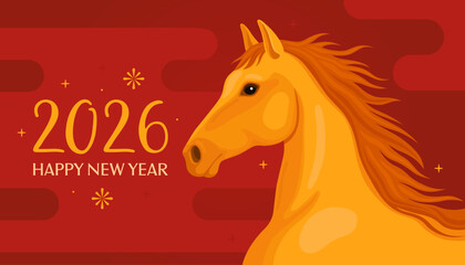 Happy 2026 New Year of the Horse, Lunar New Year or Chinese New Year. Yellow fiery galloping horse on a red background. Horse head. Greeting card or banner. Zodiac animal character.
