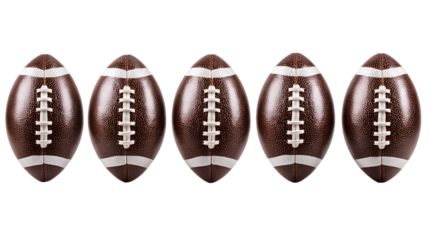 Five Brown and White Footballs in a Row Against a Transparent Background, PNG