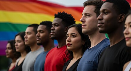 Diverse Group Shoulder to Shoulder Displaying Pride Month Rainbow Flag Symbolizing Unity and Hope for Equality In Shallow Depth of Field