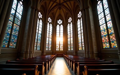 Fototapeta premium Grand Cathedral Interior with Stained Glass Windows and Cityscape Reflection. High quality