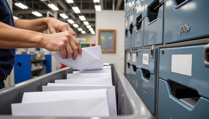 Worker sorting envelopes in modern postal sorting facility
