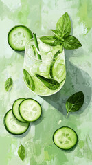 Obraz premium Refreshing cucumber basil drink with ice in a glass on green background