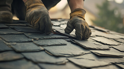 Fototapeta premium Roofing Worker Installing Slate Tiles