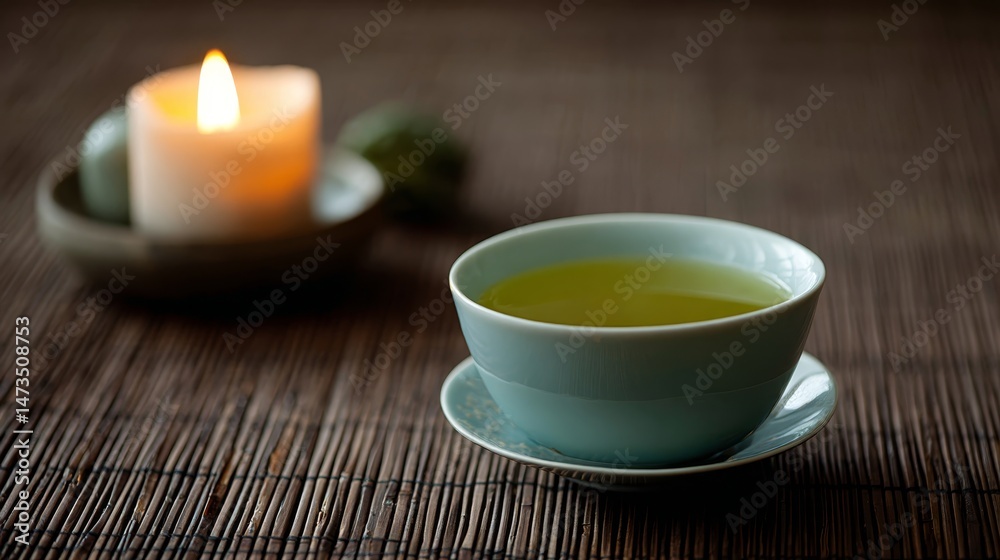 Poster Soft lighting highlights a porcelain cup filled with green tea, positioned next to a flickering candle and bamboo mat, creating a tranquil setting for relaxation