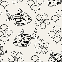 Koi fish and scale motif Japan, Sakura seamless pattern, outline fish Japanese floral pattern.