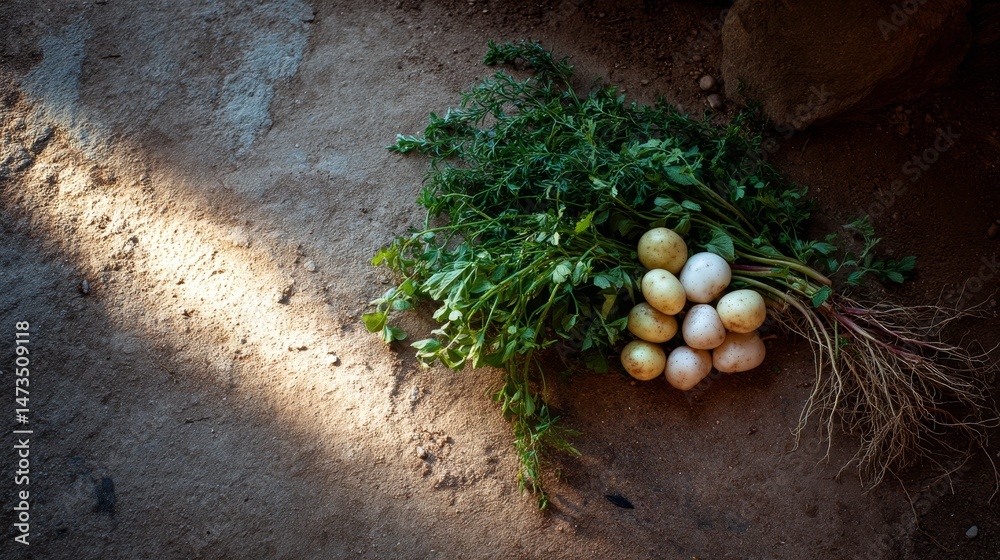 Poster freshly harvested potatoes with leafy greens and attached roots lay on rustic earth, illuminated by 