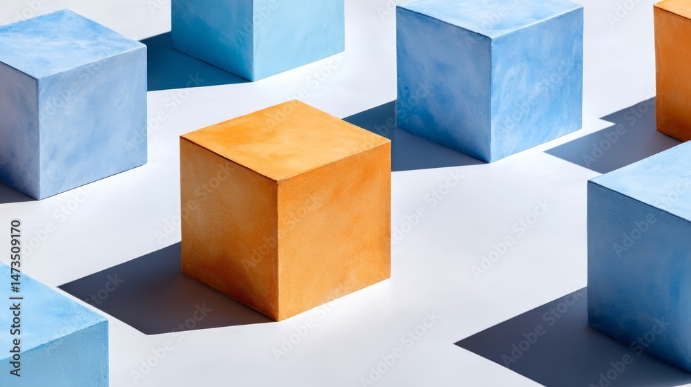 Poster colorful modular cubes in blue and orange are arranged rhythmically on a white surface. gentle light