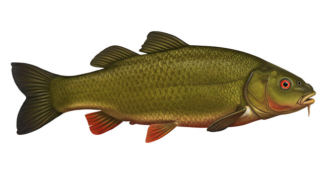 Detailed illustration of a tench fish, a freshwater species known for its robust form