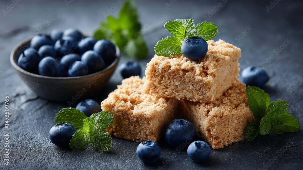 Poster overhead view features three blueberry oat squares topped with fresh blueberries and mint sprigs, cr