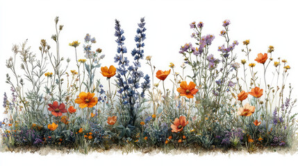 A delicate border, crafted from the vibrant blooms of spring wildflowers, forming a charming corner that frames your landscape with natural beauty 