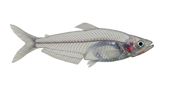 X-Ray Tetra fish exhibiting its skeletal structure in stunning detail