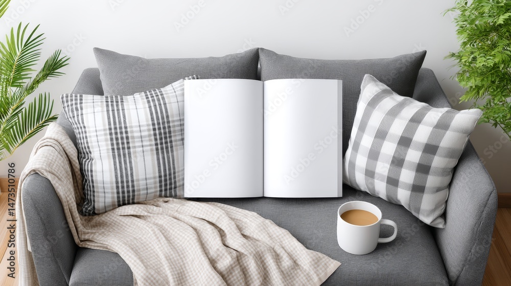 Poster A closed white booklet sits on a smooth surface surrounded by neutral props, including cushions and a cup of coffee, enhancing a clean and serene atmosphere