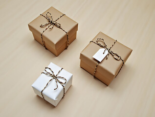 A set of festive xmas gift boxes with red ribbon bows for a holiday celebration surprise