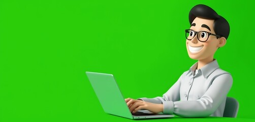Smiling figure using laptop, receiving positive email, green background, optimistic, positive energy