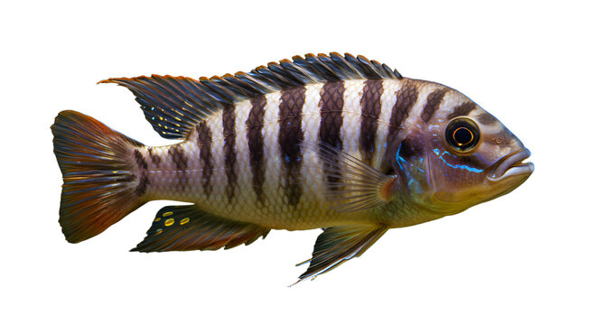 Striking zebra mbuna close up showcases vibrant patterns in vivid detail