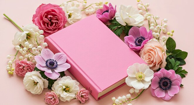 Elegant Pink Book with Spring Floral Arrangement on Blush Surface