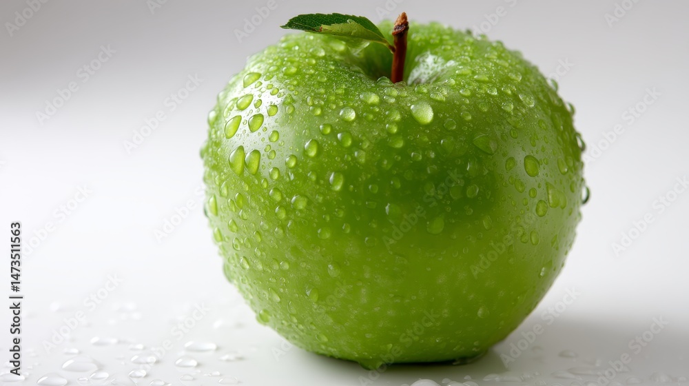 Poster close-up of a shiny green apple with water droplets, resting on a smooth, neutral surface, accentuat