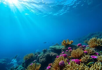 Naklejka premium Sunbeams illuminate vibrant, glowing coral reef in wide angle underwater shot, ocean life, marine