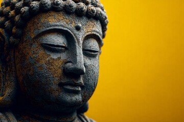 a buddha statue with closed eyes on a yellow background