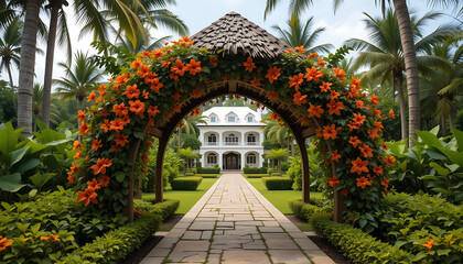 Fototapeta premium Pathway leading to a white house through an arch covered in orange flowers and surrounded by palms
