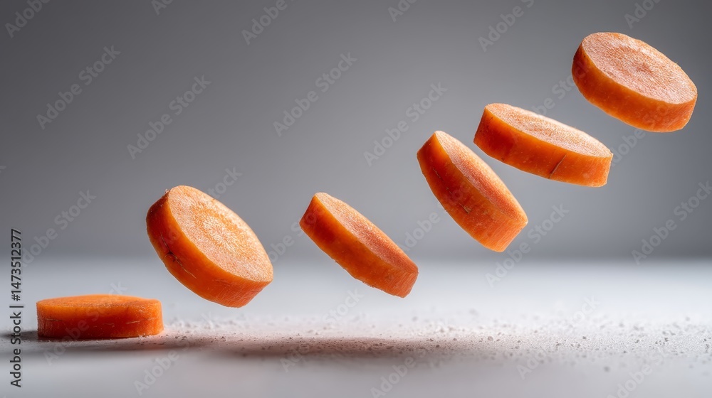Poster sliced carrot rounds are suspended mid-air with natural shadowing, creating a dynamic display of fre
