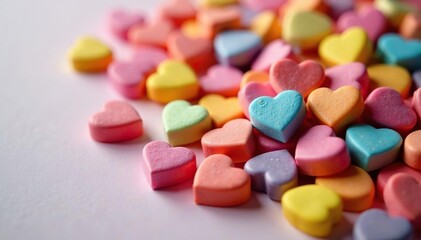 Pile of colorful conversation heart candies, close-up view , confection, valentines day