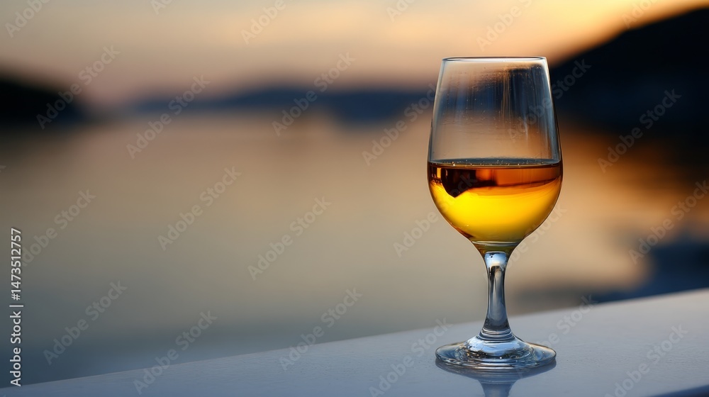 Poster golden-rimmed wineglass glimmers in sunset light, placed on a reflective surface with soft waves and