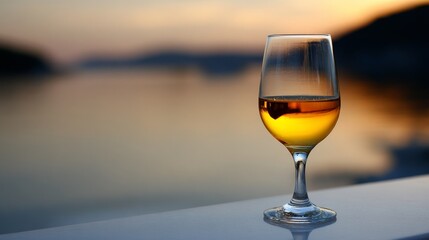 Golden-rimmed wineglass glimmers in sunset light, placed on a reflective surface with soft waves and blurred horizon creating a serene ambiance