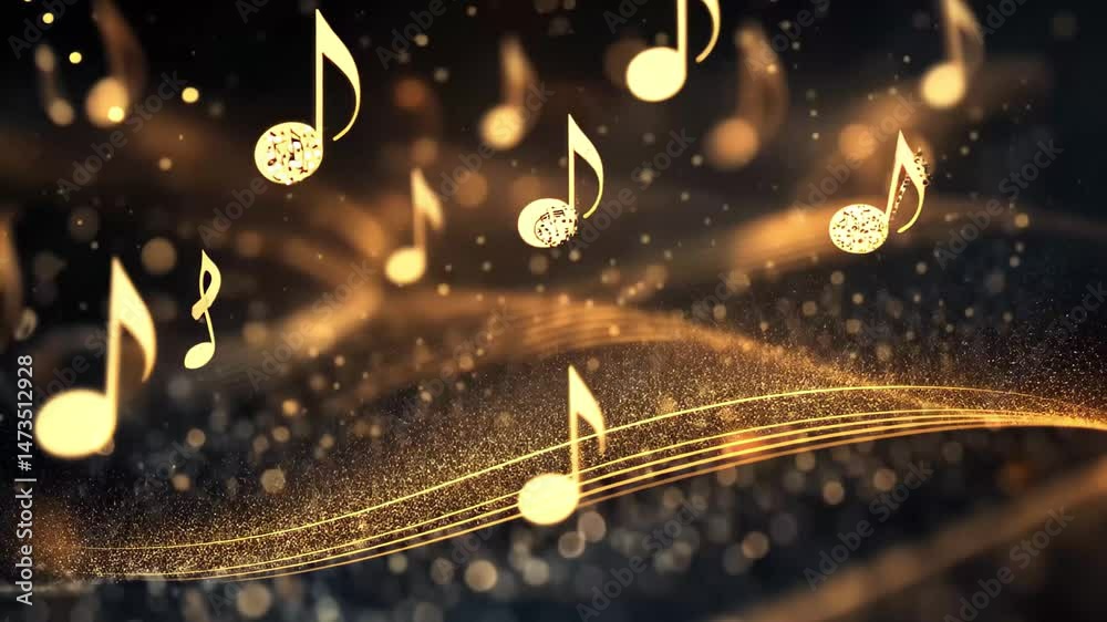 Aufkleber Music notes flow gracefully through a shimmering golden background in an enchanting display of rhythm and melody, Music notes flowing
