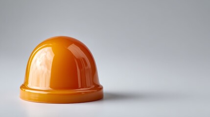 A bright orange beacon lamp with a semi-dome shape sits on a white surface, illuminated by sharp studio lights that enhance its gloss and texture