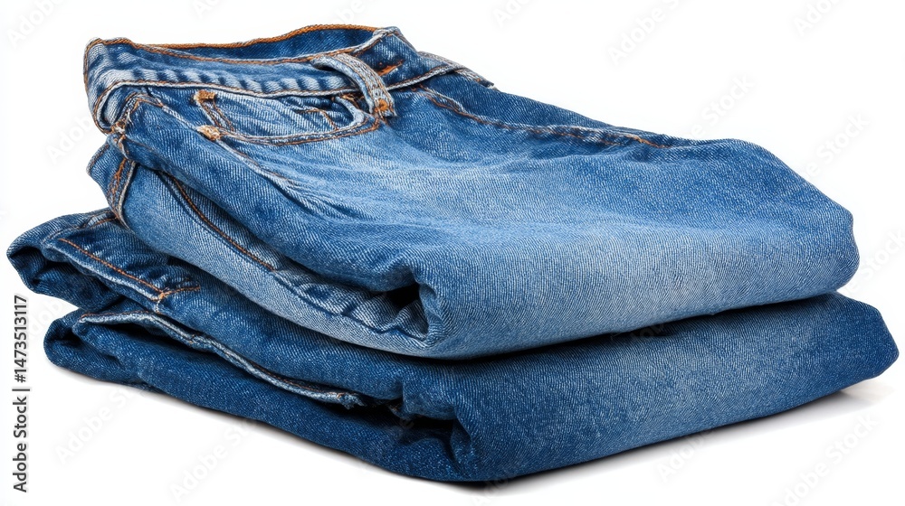 Aufkleber blue denim pants are neatly folded and displayed on a white surface, showcasing their stitching and 