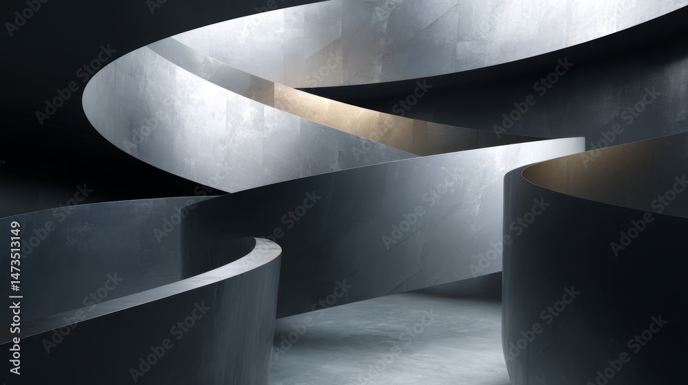 Aufkleber A striking minimalist sculpture features interwoven spiral segments with smooth curves and inner shadows, highlighting artistic expression in varying gray tones