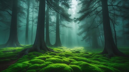 Walking Through Foggy Forest with Moss Covered Ground and Sun Rays