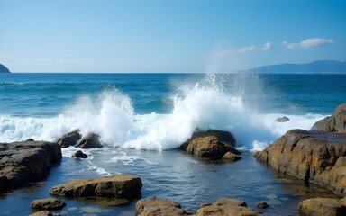 Ocean Water Splashing on Rocks on Sunny Day. High quality