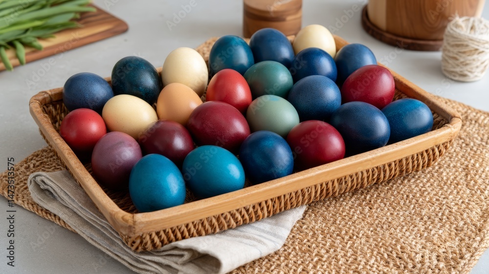 Poster colorful painted eggs are arranged in a handwoven basket atop a natural fiber mat, creating an appea