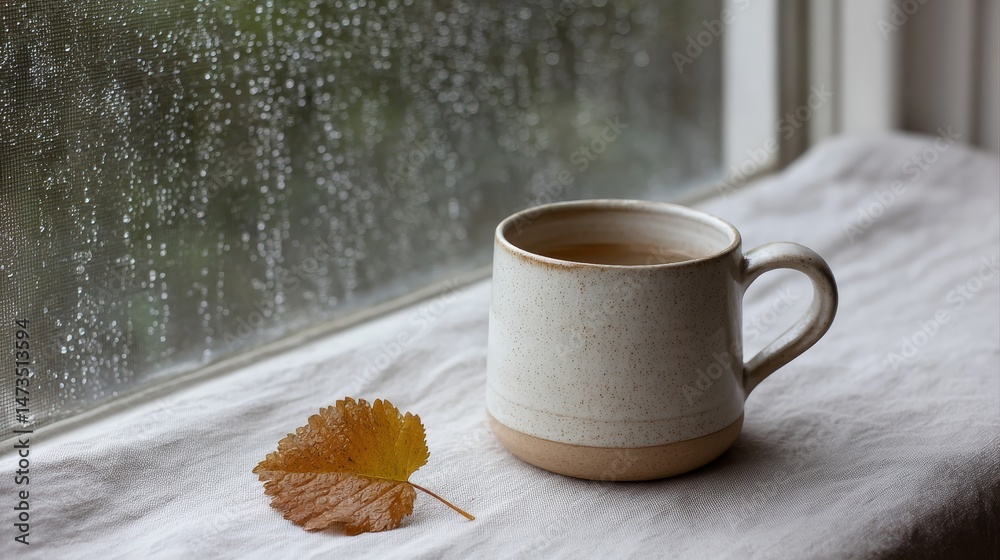 Aufkleber a stoneware mug rests beside a fallen leaf on a linen-covered windowsill, illuminated by soft mornin