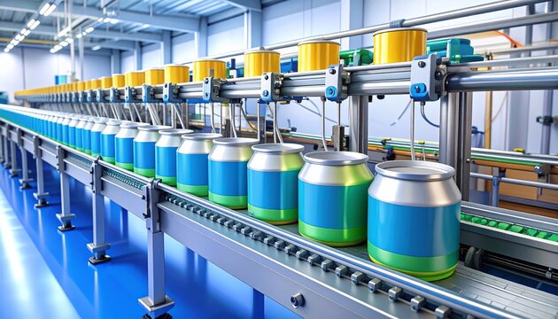 Cans move along a conveyor belt in a clean, bright manufacturing facility, ready for packaging