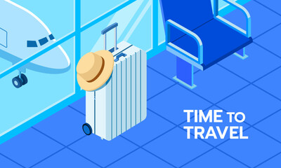 Passenger luggage and hat in airport terminal, isometric vector, waiting for travel and rest.