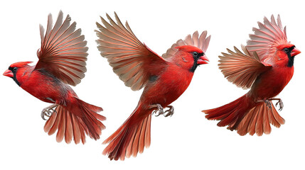 Fototapeta premium northern cardinal bird set red cardinal in flight, collection of 3, front left right angle variation, cutout isolated white background
